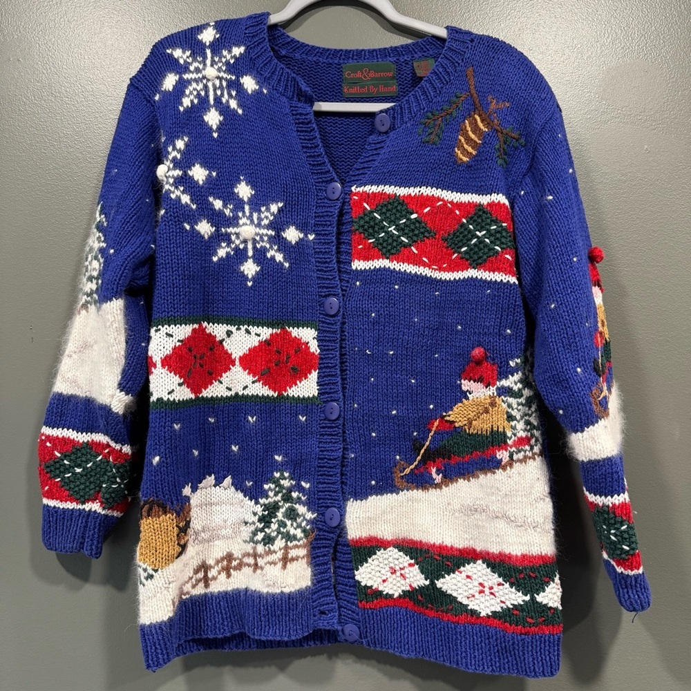Vtg Croft & Barrow Hand Knit Holiday Christmas Winter Cardigan Size Small‎